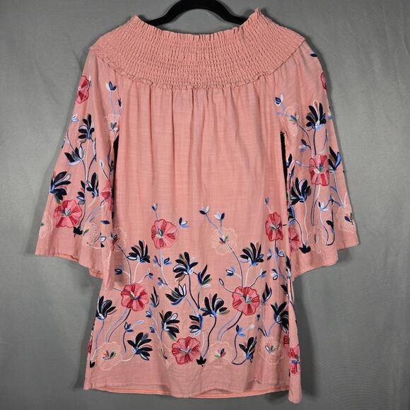 Velzera Embroidered Peasant Top Womens Small Pink Floral Smocked Bow Cotton - Picture 6 of 11